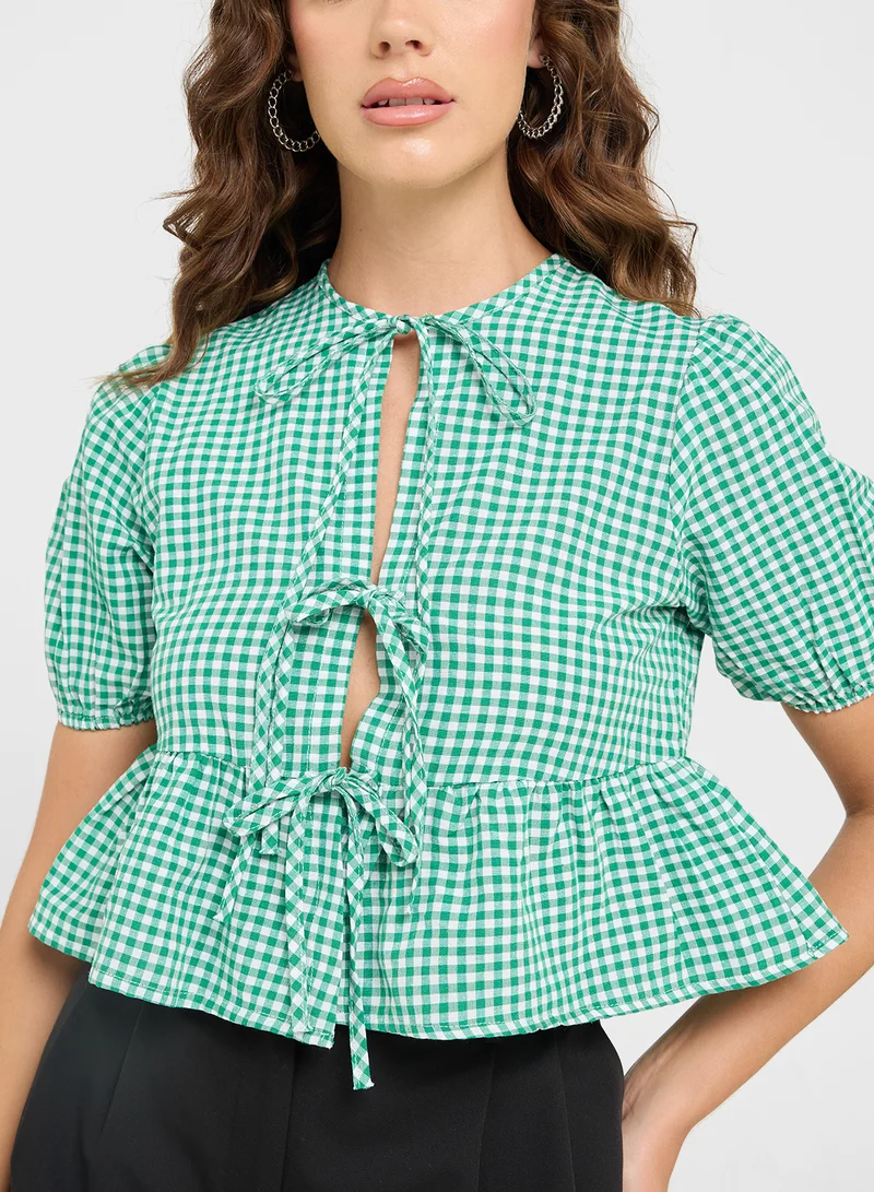 Ginger Gingham Tie Up Detail Peplum Blouse