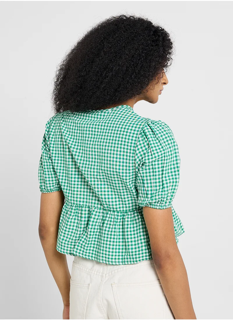 Ginger Gingham Tie Up Detail Peplum Blouse