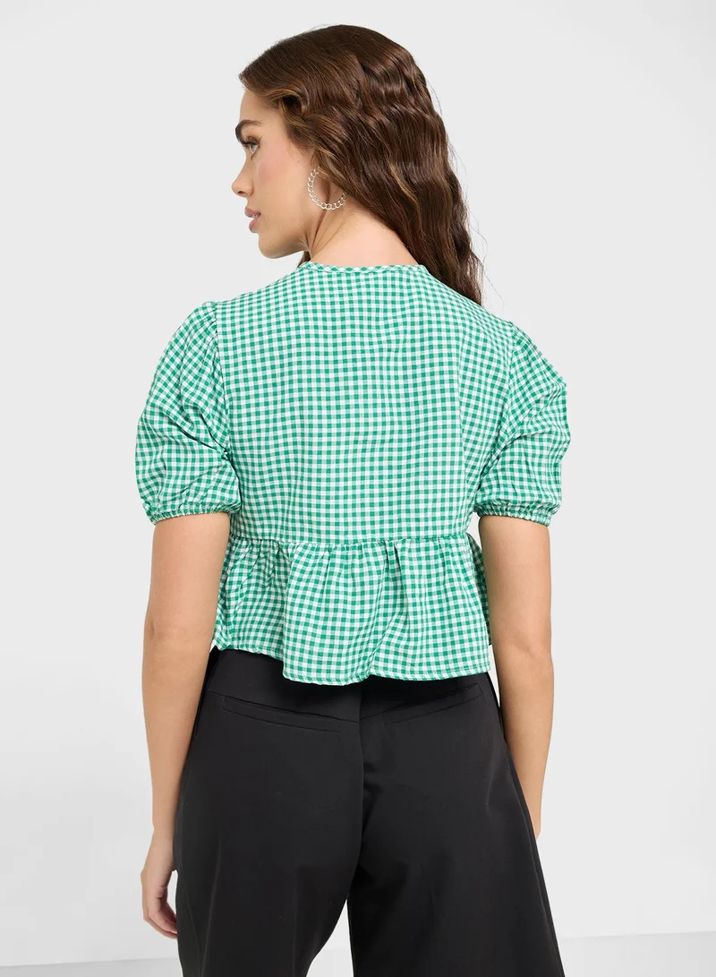 Ginger Gingham Tie Up Detail Peplum Blouse