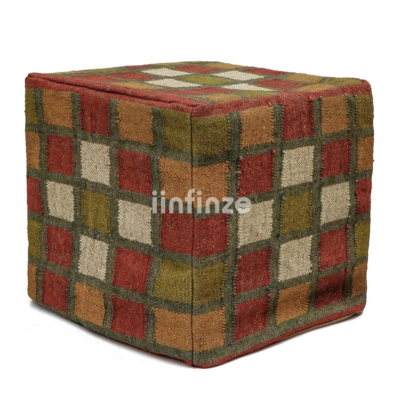 iinfinize Square 18x18 inch Wool Jute Footrest Pouf and Cushion Cover Rustic Handmade Natural Jute Kilim Pouff Pillow Cover Combo Set - Image 5
