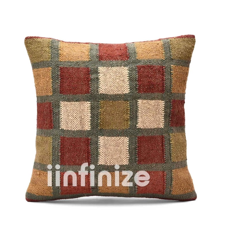 iinfinize Square 18x18 inch Wool Jute Footrest Pouf and Cushion Cover Rustic Handmade Natural Jute Kilim Pouff Pillow Cover Combo Set - Image 3