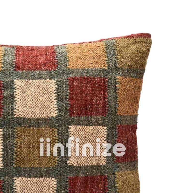 iinfinize Square 18x18 inch Wool Jute Footrest Pouf and Cushion Cover Rustic Handmade Natural Jute Kilim Pouff Pillow Cover Combo Set - Image 4