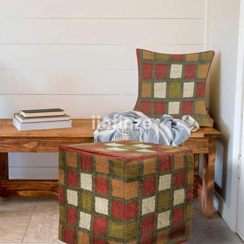 iinfinize Square 18x18 inch Wool Jute Footrest Pouf and Cushion Cover Rustic Handmade Natural Jute Kilim Pouff Pillow Cover Combo Set - Image 1