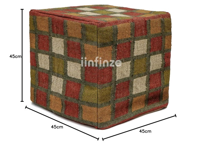 iinfinize Square 18x18 inch Wool Jute Footrest Pouf and Cushion Cover Rustic Handmade Natural Jute Kilim Pouff Pillow Cover Combo Set - Image 2