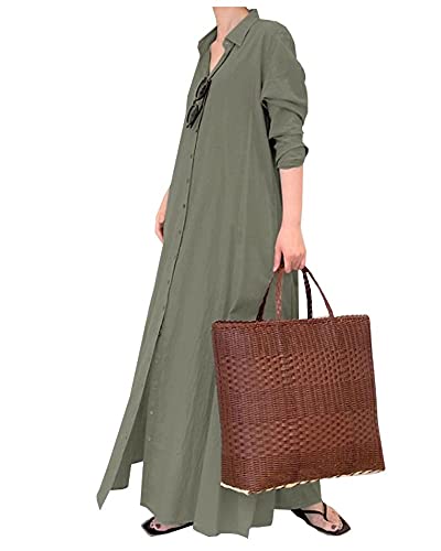 Ladyful Women's Button Down Cotton Linen Shirt Dress Long Sleeve Maxi Shirtdress Beach Summer Dress Pockets Navy Blue - Image 3