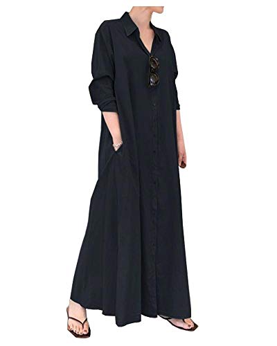 Ladyful Women's Button Down Cotton Linen Shirt Dress Long Sleeve Maxi Shirtdress Beach Summer Dress Pockets Navy Blue - Image 1