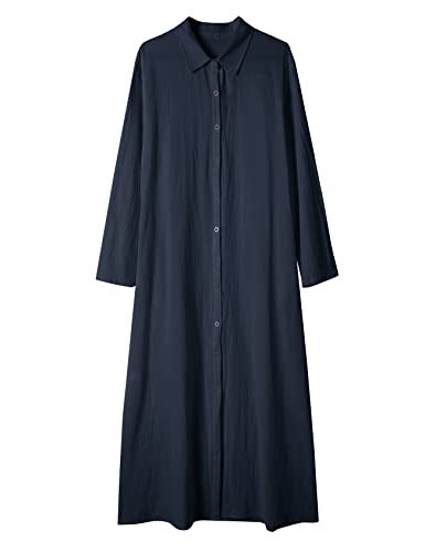 Ladyful Women's Button Down Cotton Linen Shirt Dress Long Sleeve Maxi Shirtdress Beach Summer Dress Pockets Navy Blue - Image 4