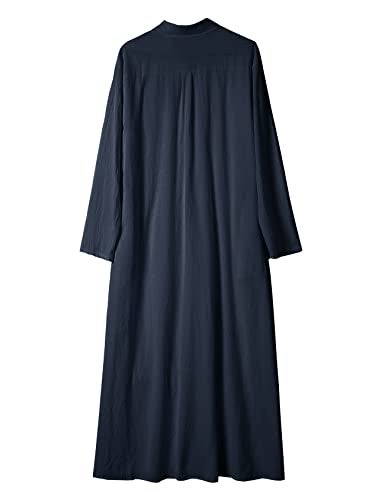 Ladyful Women's Button Down Cotton Linen Shirt Dress Long Sleeve Maxi Shirtdress Beach Summer Dress Pockets Navy Blue - Image 5
