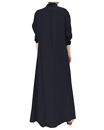 Ladyful Women's Button Down Cotton Linen Shirt Dress Long Sleeve Maxi Shirtdress Beach Summer Dress Pockets Navy Blue - Image 2