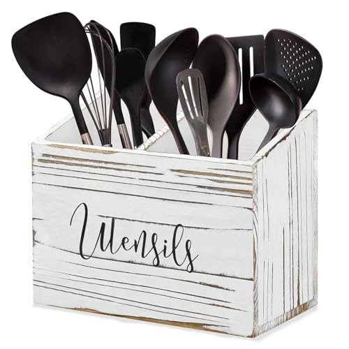 Pyzalar Utensil Holder with 2 Compartments Utensil Caddy for Kitchen Counter and Storage for Silverware Fork Spoon Spatula White - Image 1