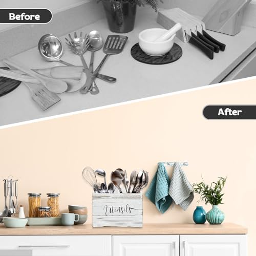 Pyzalar Utensil Holder with 2 Compartments Utensil Caddy for Kitchen Counter and Storage for Silverware Fork Spoon Spatula White - Image 3