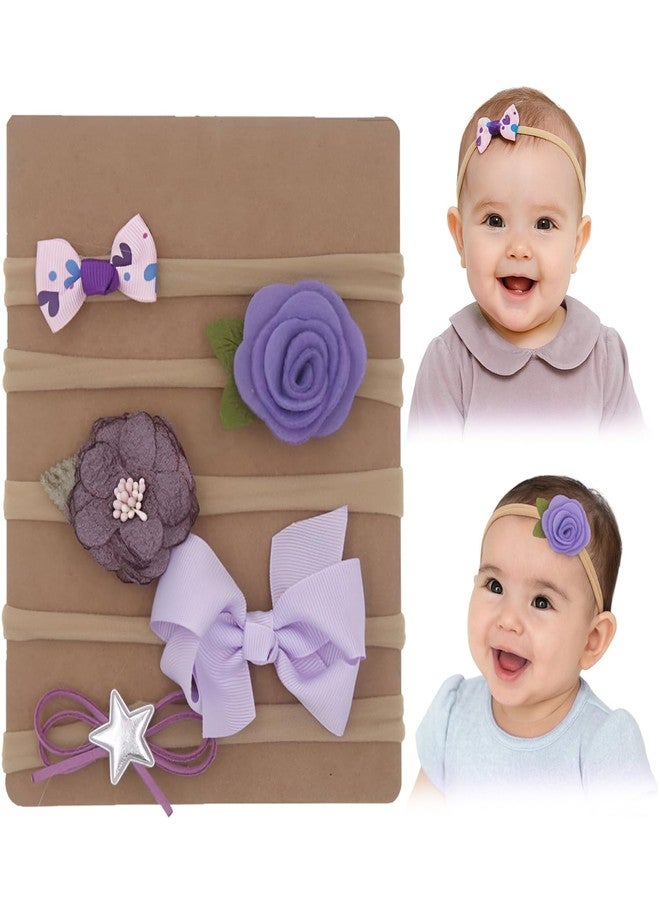 SYGA 5 Pcs Baby Headband, Flower, Star & Bow Stretchable, Nylon HairBand for Newborn Infant Toddlers Kids 0-3 Year-Light Purple - Image 1