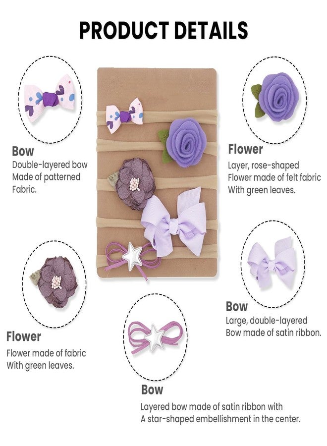 SYGA 5 Pcs Baby Headband, Flower, Star & Bow Stretchable, Nylon HairBand for Newborn Infant Toddlers Kids 0-3 Year-Light Purple - Image 5