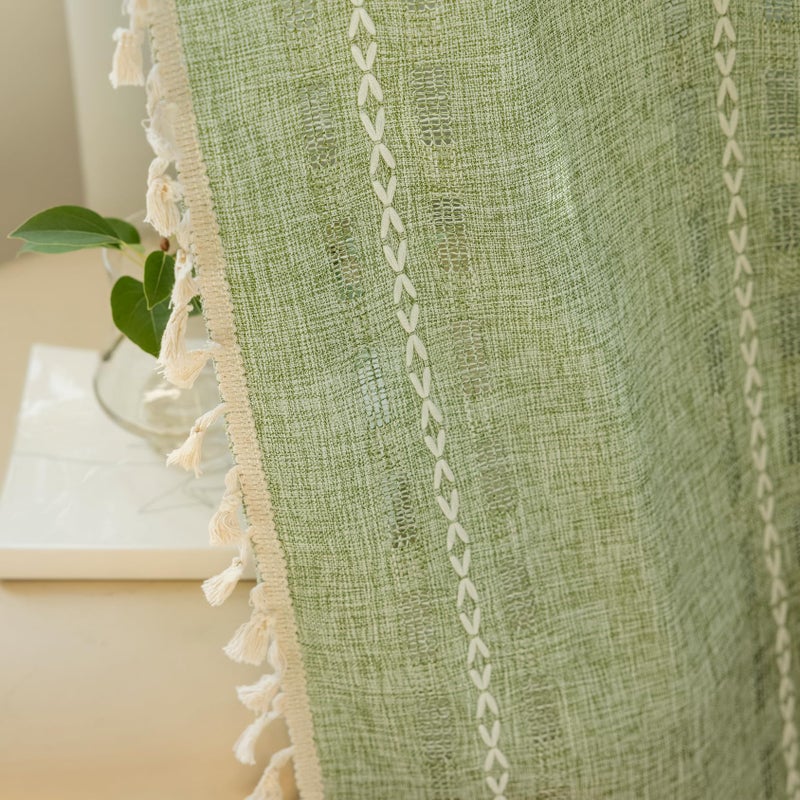 Deeprove Sage Green Boho Curtain 84 inches Length for Living Room Bedroom Nursery Doorway, Sheer Bohemian 84 inches Long Stripe Embroidery Privacy Window Fringe Christmas Decor W52 x L84, 1 Panel - Image 2