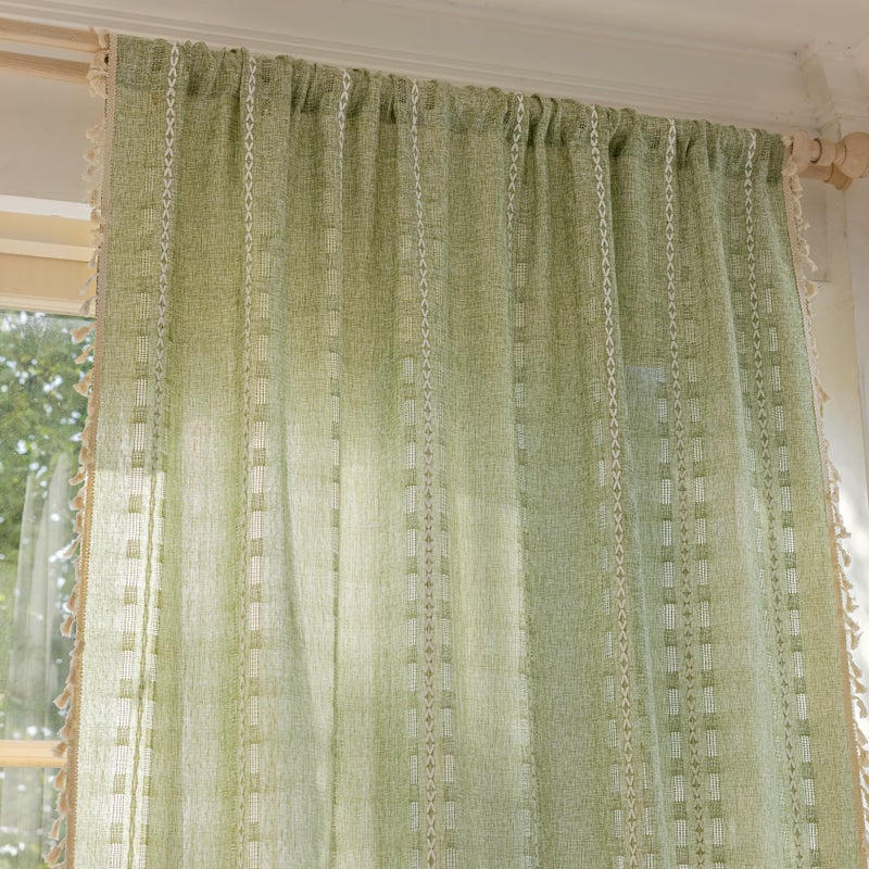 Deeprove Sage Green Boho Curtain 84 inches Length for Living Room Bedroom Nursery Doorway, Sheer Bohemian 84 inches Long Stripe Embroidery Privacy Window Fringe Christmas Decor W52 x L84, 1 Panel - Image 4