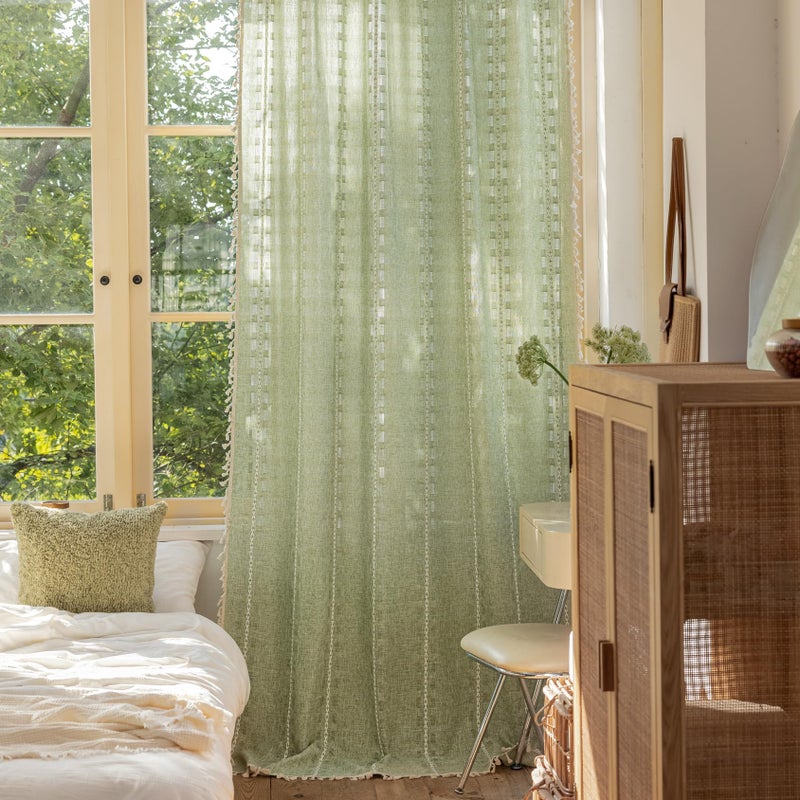 Deeprove Sage Green Boho Curtain 84 inches Length for Living Room Bedroom Nursery Doorway, Sheer Bohemian 84 inches Long Stripe Embroidery Privacy Window Fringe Christmas Decor W52 x L84, 1 Panel - Image 1