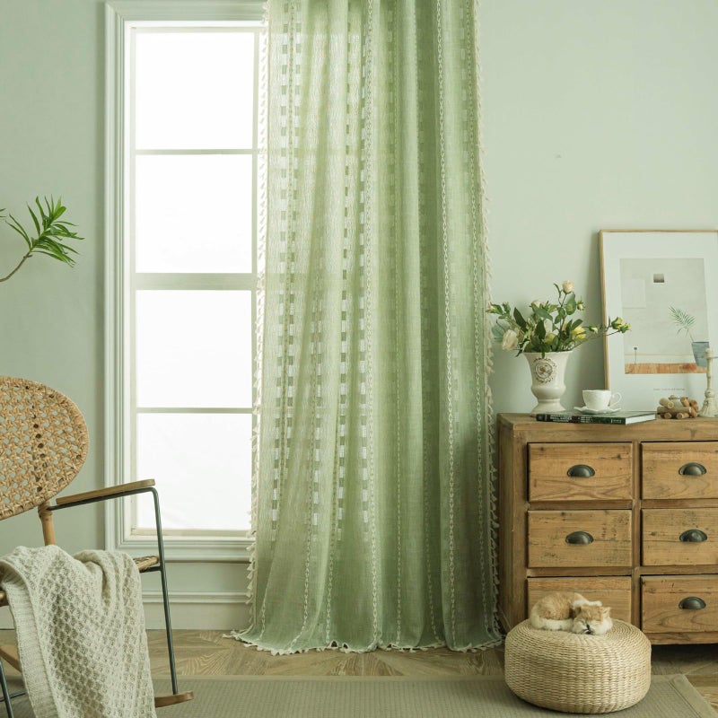 Deeprove Sage Green Boho Curtain 84 inches Length for Living Room Bedroom Nursery Doorway, Sheer Bohemian 84 inches Long Stripe Embroidery Privacy Window Fringe Christmas Decor W52 x L84, 1 Panel - Image 5