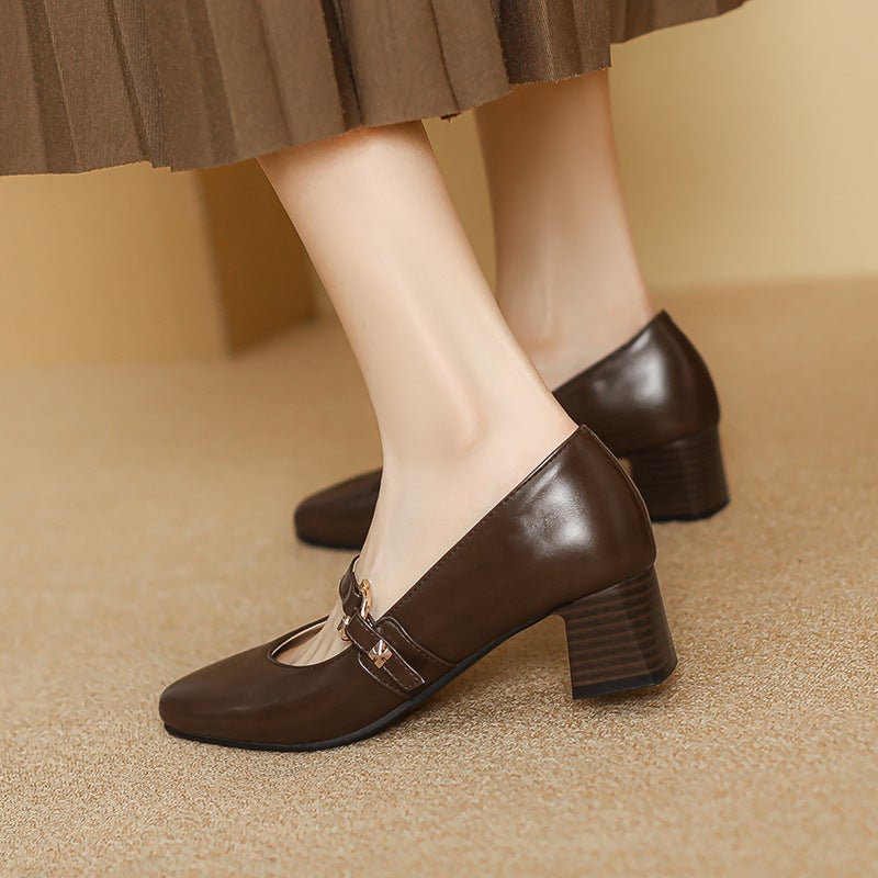 Funds Spring Medium Heel Women'S Shoes 31-43 Plus Size Square Head Buckle Shallow Mouth Shoes Tide - Image 5