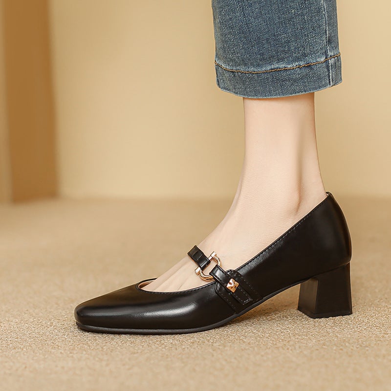 Funds Spring Medium Heel Women'S Shoes 31-43 Plus Size Square Head Buckle Shallow Mouth Shoes Tide - Image 3