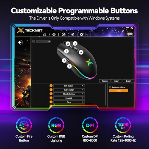 TECKNET Wireless Gaming Mouse Rechargeable - 8000 DPI, Long-Lasting 100Hrs Battery, RGB Backlit, 6 Programmable Buttons, Dual Connectivity (2.4G + USB-C) for PC, Mac, Laptop - Black - Image 4