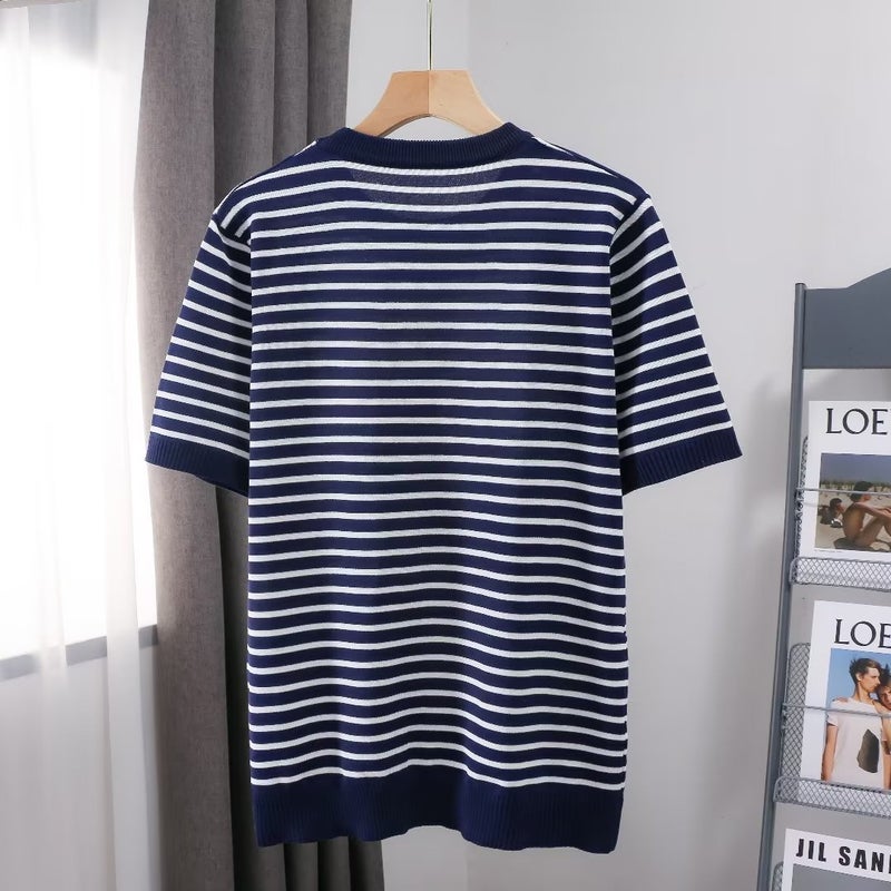 Summer Thin Striped Ice Silk Knitted Short-sleeved T-shirt Men's and Women's Korean-style Slim-fit All-match Casual Half-sleeved Top - Image 1