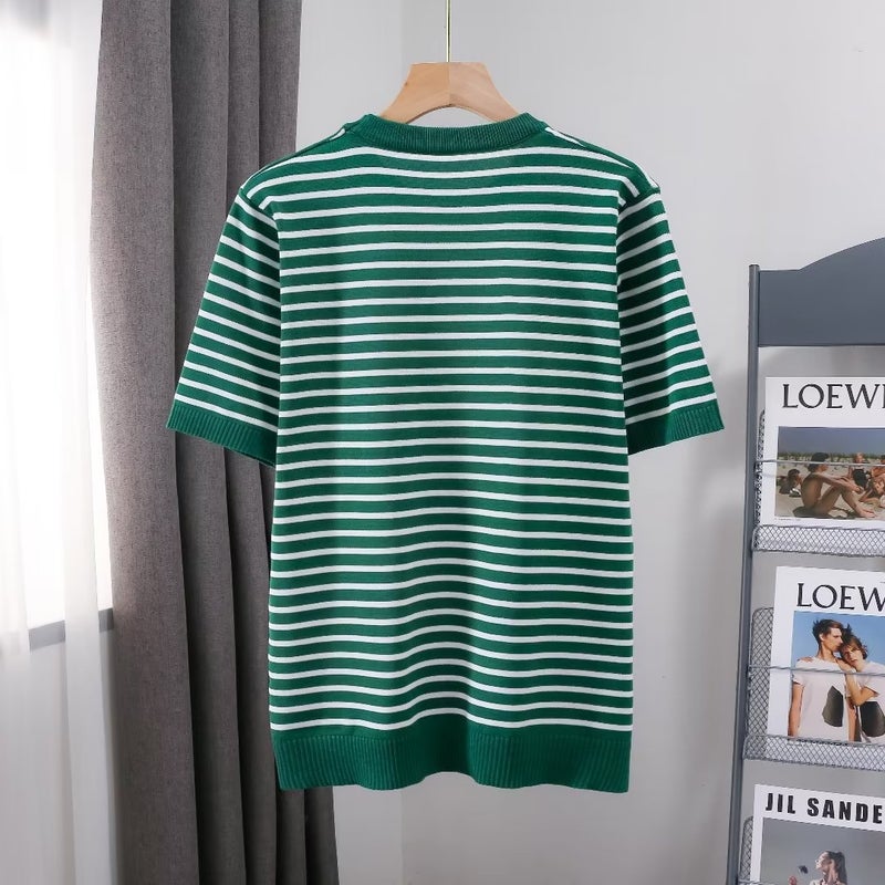 Summer Thin Striped Ice Silk Knitted Short-sleeved T-shirt Men's and Women's Korean-style Slim-fit All-match Casual Half-sleeved Top - Image 3