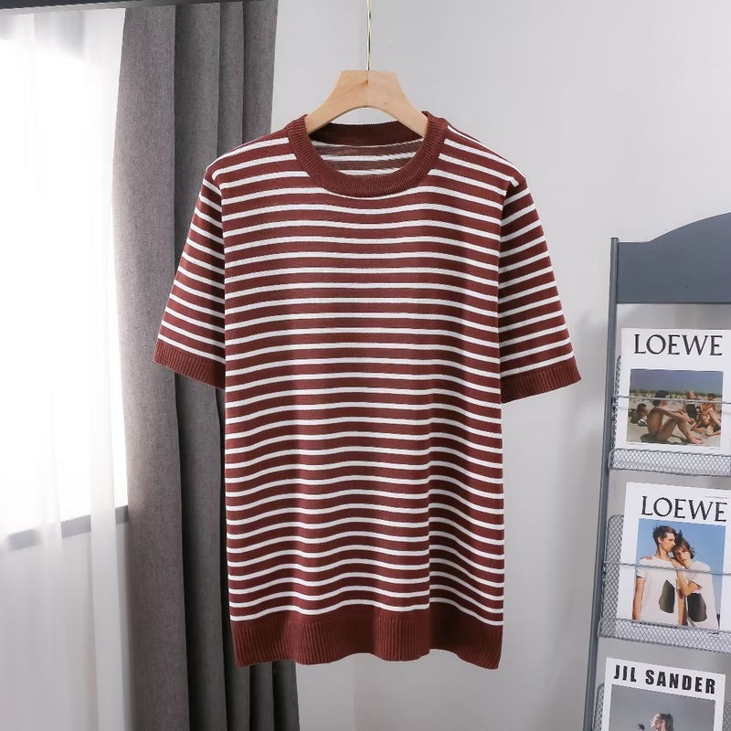 Summer Thin Striped Ice Silk Knitted Short-sleeved T-shirt Men's and Women's Korean-style Slim-fit All-match Casual Half-sleeved Top - Image 2