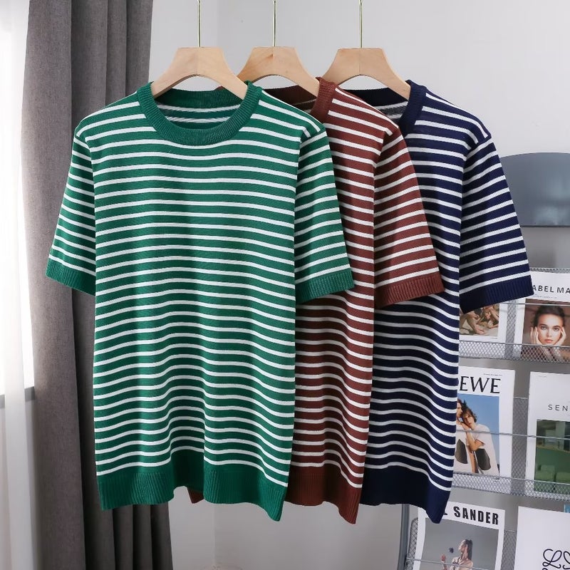 Summer Thin Striped Ice Silk Knitted Short-sleeved T-shirt Men's and Women's Korean-style Slim-fit All-match Casual Half-sleeved Top - Image 5