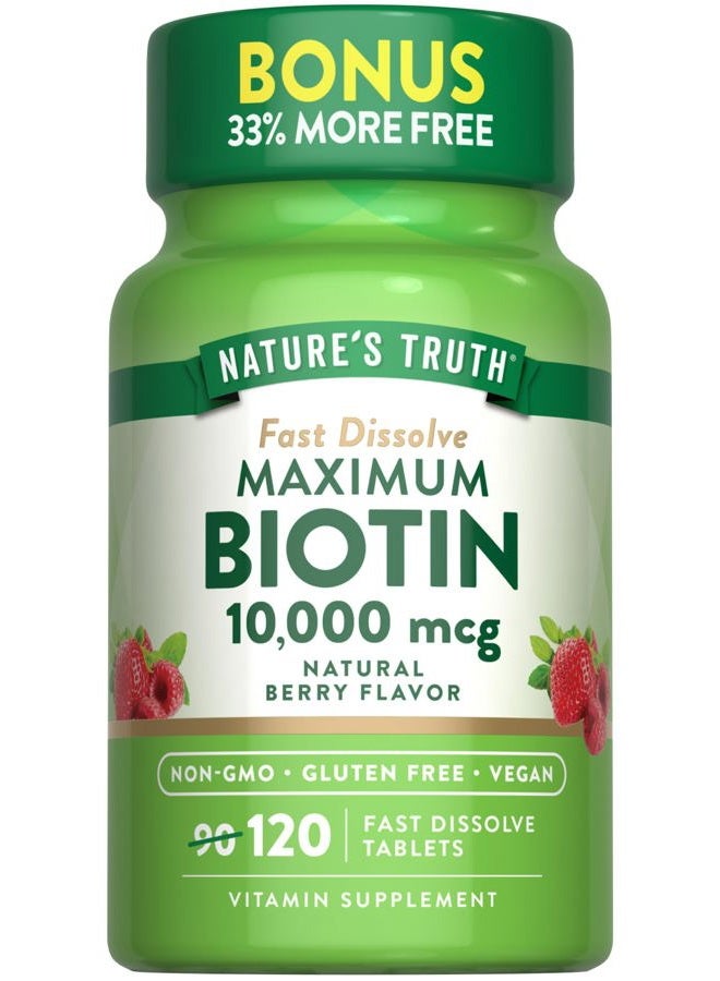 Nature's Truth Biotin 10000mcg | 120 Fast Dissolve Tablets | Maximum Strength | Natural Berry Flavor | Vegan, Non-GMO & Gluten Free Supplement  - Image 1