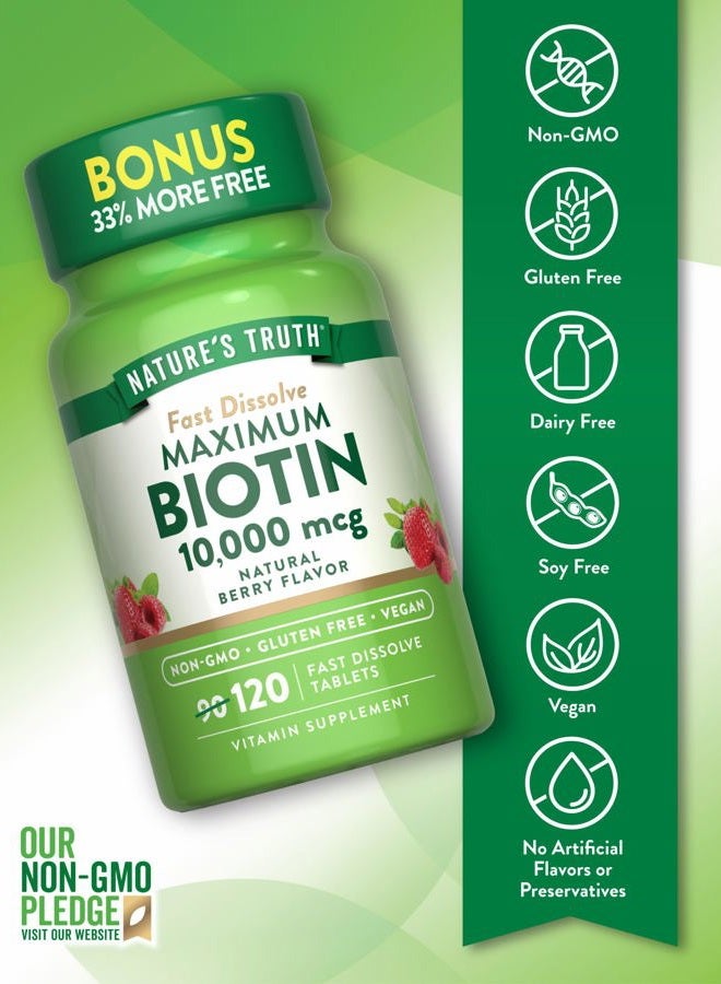 Nature's Truth Biotin 10000mcg | 120 Fast Dissolve Tablets | Maximum Strength | Natural Berry Flavor | Vegan, Non-GMO & Gluten Free Supplement  - Image 3