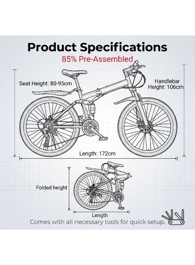 ETG 26-Inch Folding Mountain Bike, 21-Speed Full Suspension – High-Carbon Steel Frame - Image 2