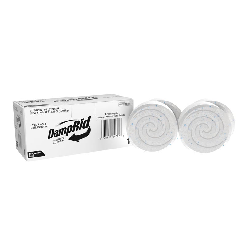 DampRid Moisture Absorber Drop-In Tablet Refill Pack, Fragrance Free, 15.8 oz., 4 Pack, Attract and Trap Excess Moisture and Eliminate Musty Odors for Cleaner, Fresher Air - Image 1