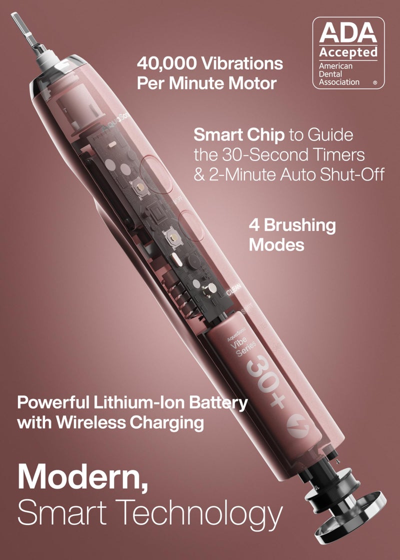 Aquasonic Vibe Series Ultra-Whitening Toothbrush - ADA Accepted Electric Toothbrush - 8 Brush Heads & Travel Case - 40,000 VPM Motor & Wireless Charging - 4 Modes w Smart Timer - Satin Rose Gold - Image 2