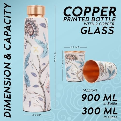 MERCAPE® Pure Copper Water Bottle 900 ml with Glass Set Best Tamba in Printed Design (900 ml 2x 300 ml) - Image 2