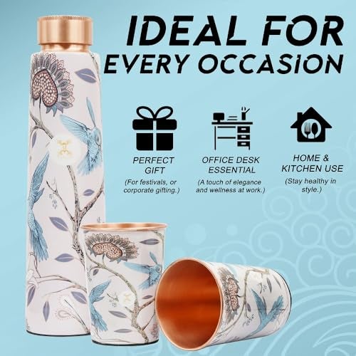 MERCAPE® Pure Copper Water Bottle 900 ml with Glass Set Best Tamba in Printed Design (900 ml 2x 300 ml) - Image 3