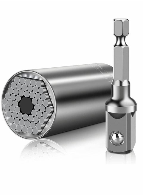 Universal Socket, Socket Wrench with Electric Drill Adapter, Silver Self-Adjusting Set, Convenient and Durable DIY Tools for Men Him Husband Dad Father, 1Pcs, 7 - 19 MM