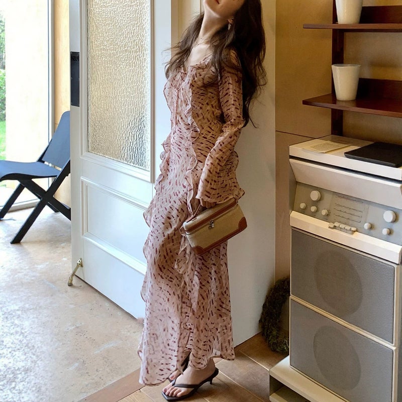 Talia Vacation Style Ruffle Bell Sleeve Slit Print Long Dress for Women - Image 5
