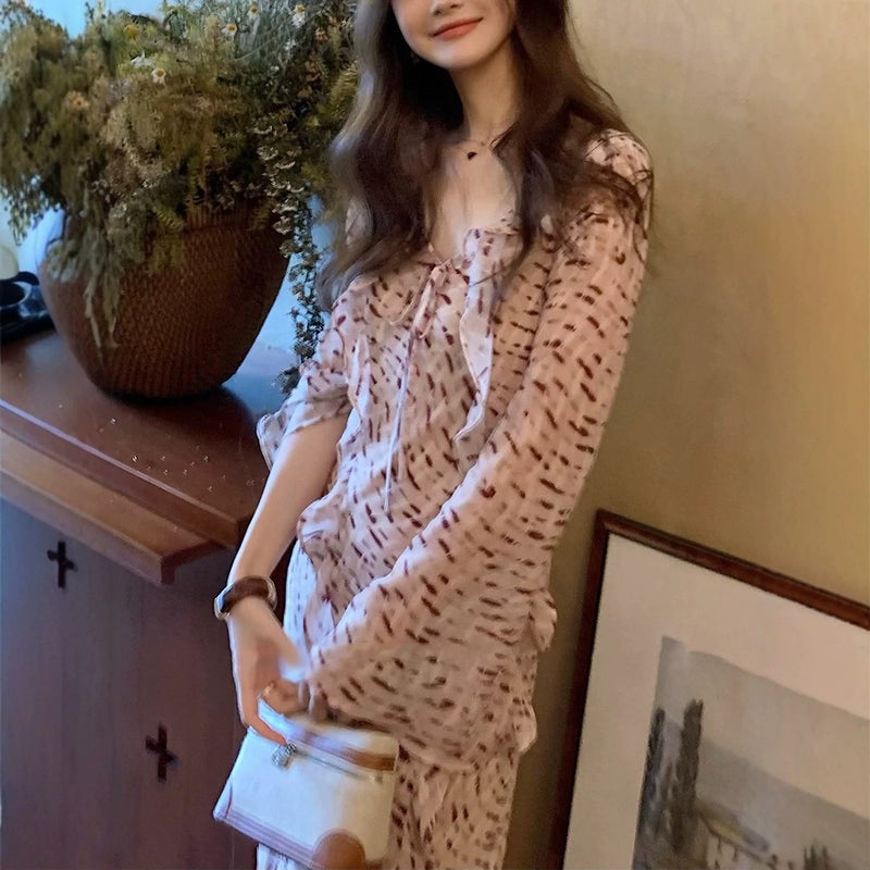 Talia Vacation Style Ruffle Bell Sleeve Slit Print Long Dress for Women - Image 2