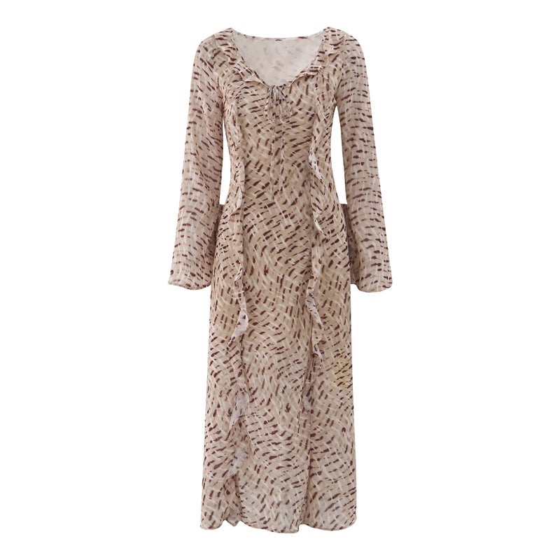 Talia Vacation Style Ruffle Bell Sleeve Slit Print Long Dress for Women - Image 1