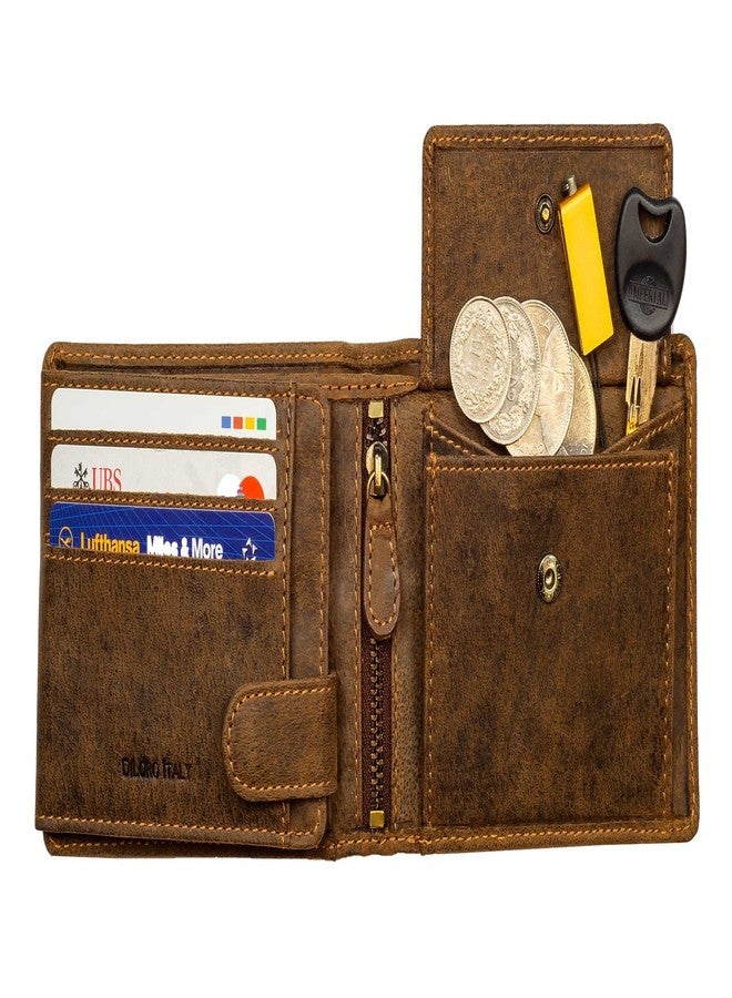 DiLoro Italy Full Size Mens Leather Wallet Bifold Flip ID Zip Coin Wallets with RFID Protection (Dark Hunter Brown With ID) - Image 1