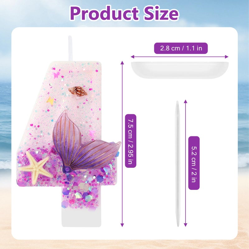 IDIJOLI Purple Number 4 Candles Mermaid Birthday Candle 4th Birthday Cake Topper Cupcake Decorations for Girls and Women Party Decor Anniversary Celebrations Supplies Favors - Image 3