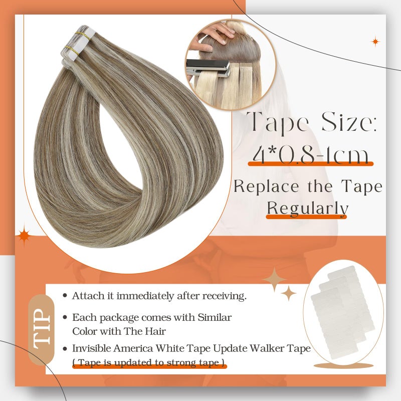 Full Shine Tape in Blonde Hair Extensions Tape in Extensions Human Hair Color 8 Ash Brown Highlighted 60 Platinum Blonde Seamless Hair Extensions Tape ins 50G Straight Remy Hair for Women 20Inch 20Pcs - Image 3