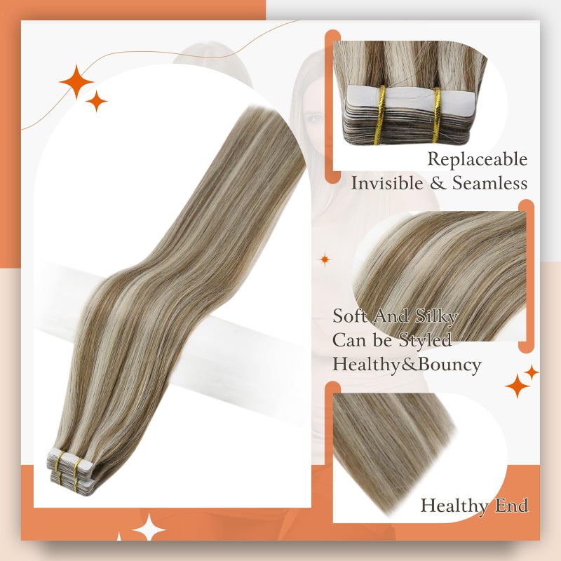 Full Shine Tape in Blonde Hair Extensions Tape in Extensions Human Hair Color 8 Ash Brown Highlighted 60 Platinum Blonde Seamless Hair Extensions Tape ins 50G Straight Remy Hair for Women 20Inch 20Pcs - Image 2
