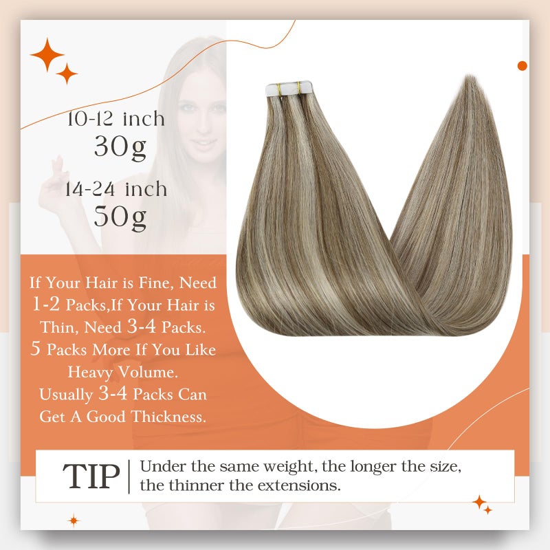 Full Shine Tape in Blonde Hair Extensions Tape in Extensions Human Hair Color 8 Ash Brown Highlighted 60 Platinum Blonde Seamless Hair Extensions Tape ins 50G Straight Remy Hair for Women 20Inch 20Pcs - Image 4