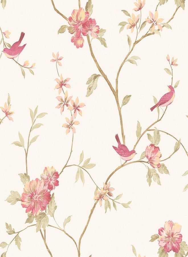 Norwall CG28803 Floral Bird Sidewall prepasted Wallpaper, Raspberry, Cream
