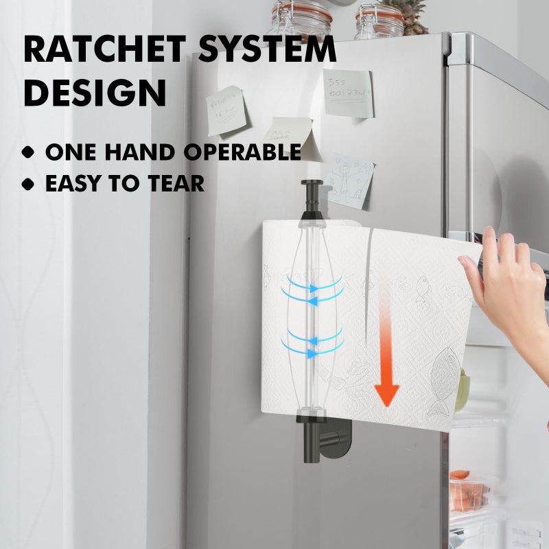 KIHOGEM Magnetic Paper Towel Holder, One Hand Operable Paper Towel Holder Wall Mount Self Adhesive and Strong Magnetic Backing for Kitchen Refrigerator Grill RV(Black) - Image 3