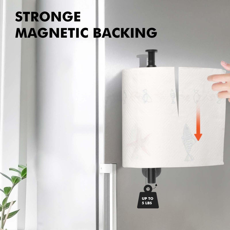 KIHOGEM Magnetic Paper Towel Holder, One Hand Operable Paper Towel Holder Wall Mount Self Adhesive and Strong Magnetic Backing for Kitchen Refrigerator Grill RV(Black) - Image 2