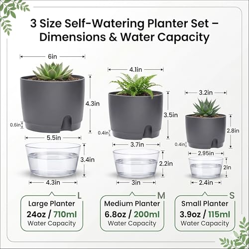 JERN Self Watering Plant Pots Set of 3, 6" Large Indoor Planters with Reservoir & Wick System, Durable Plastic Flower Pots with Drainage for Indoor Outdoor Plants, Herbs & Succulents - Image 2