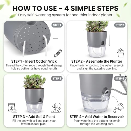 JERN Self Watering Plant Pots Set of 3, 6" Large Indoor Planters with Reservoir & Wick System, Durable Plastic Flower Pots with Drainage for Indoor Outdoor Plants, Herbs & Succulents - Image 5
