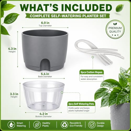 JERN Self Watering Plant Pots Set of 3, 6" Large Indoor Planters with Reservoir & Wick System, Durable Plastic Flower Pots with Drainage for Indoor Outdoor Plants, Herbs & Succulents - Image 3